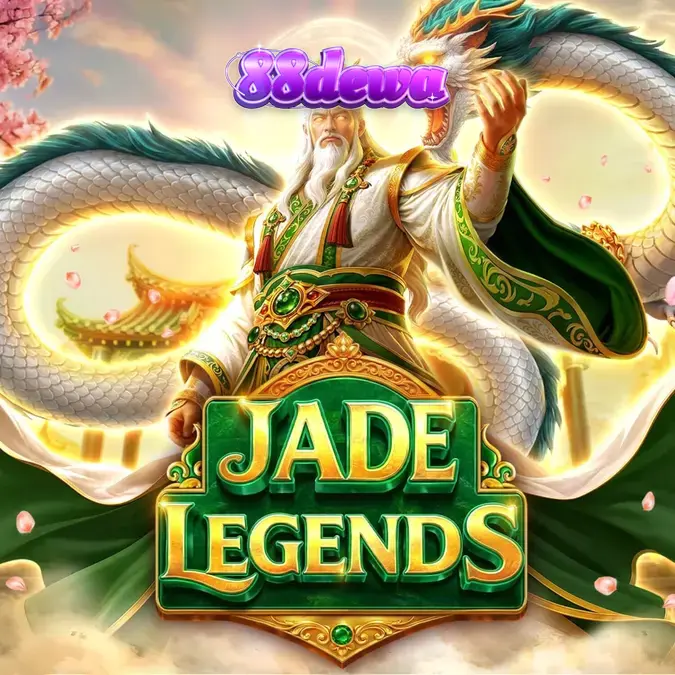 Pemandangan mistis dari slot Jade Legends dengan naga emas dan latar belakang kuil kuno.